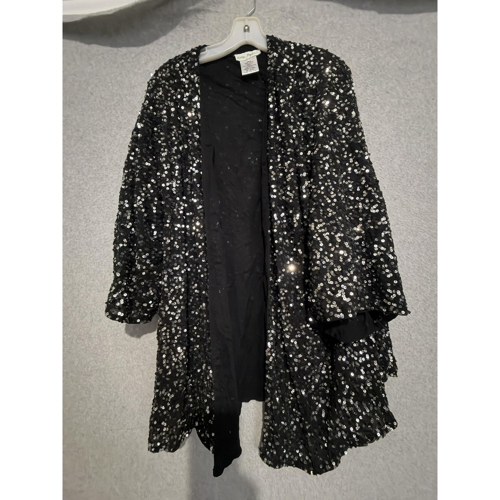 Ulla Popken Kimono Jacket Womens 12/14 Black Sequin Open Front Lined Formal